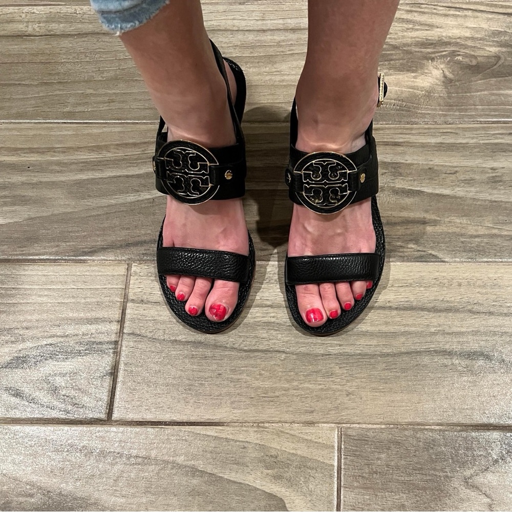 Tory Burch Black Sandals with Gold Accents